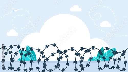 Barbed wire fence. Barbwire fence background. Design element military, security, prison, slavery concepts. Barbed wire border. Vector illustration. 
