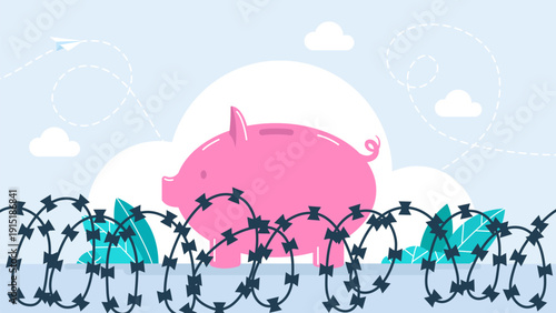 Razor wire fence and Piggy Bank, Saving. Barbwire fence background. Design element for military, security, prison, slavery concepts. Barbed wire border. Vector illustration.