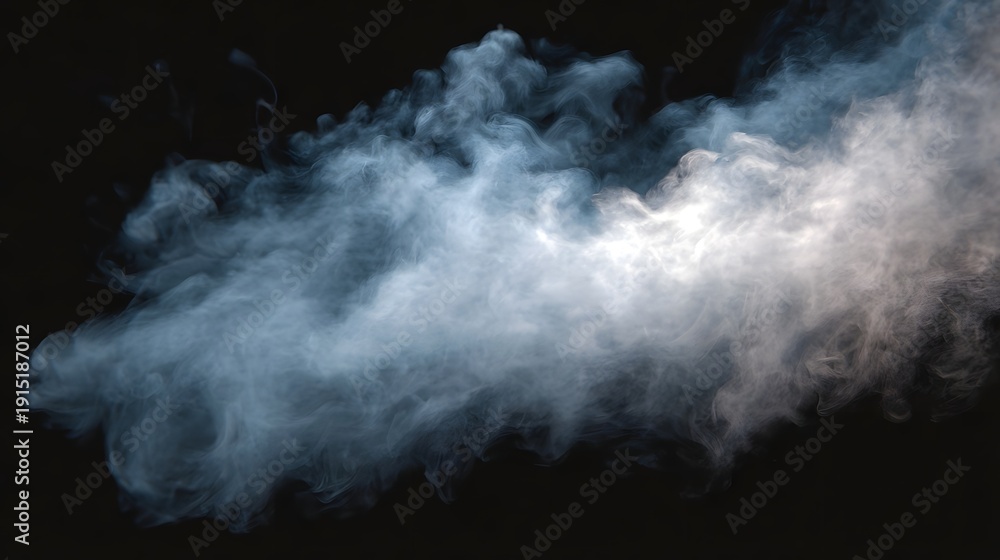 Fototapeta premium Dynamic white smoke plume swirling against a black background showcasing intricate textures and ethereal motion