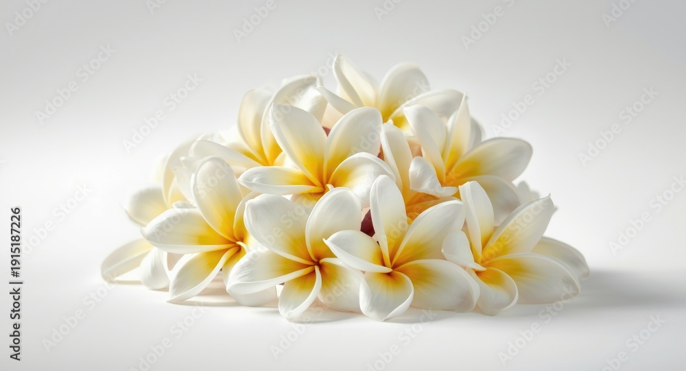 Fototapeta premium Detailed arrangement of white frangipani flowers with sunny yellow centers on a white backdrop