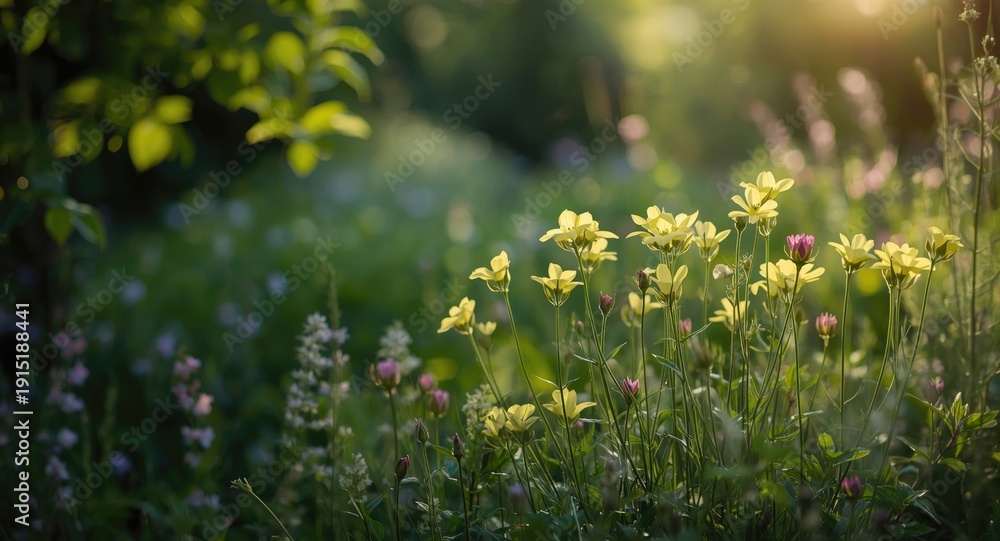 Obraz premium Blooming summer flowers in garden setting featuring Evening Primrose plants