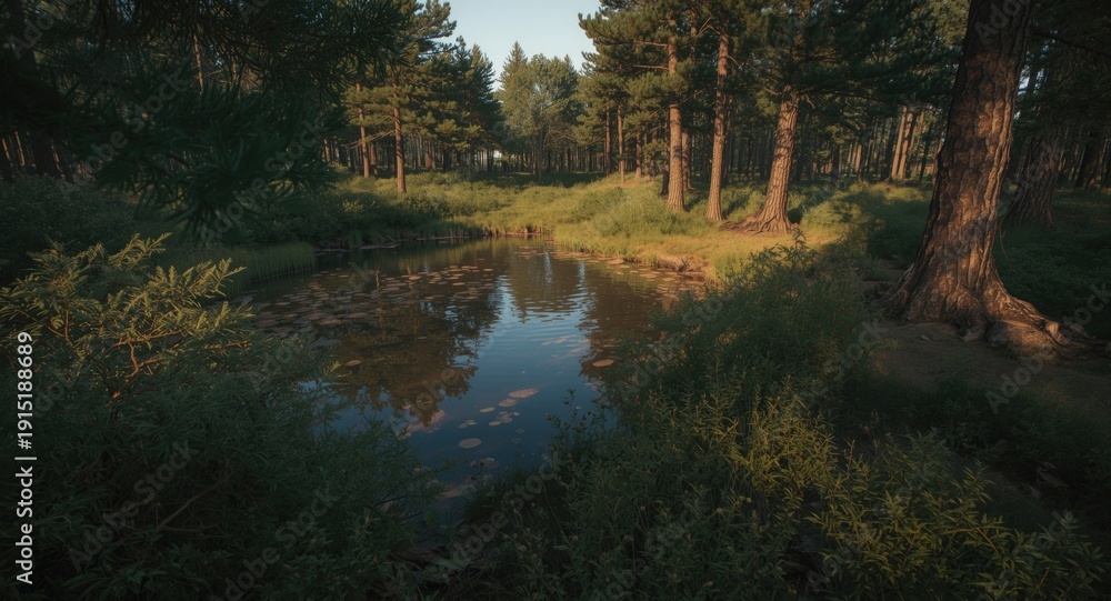 Fototapeta premium Overhead view of a serene pond bounded by lush pine tree vegetation