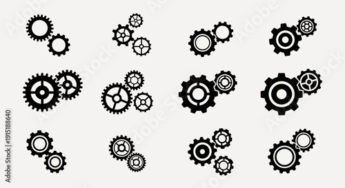 Gear and cogwheel icon set featuring multiple gear combinations and arrangements.