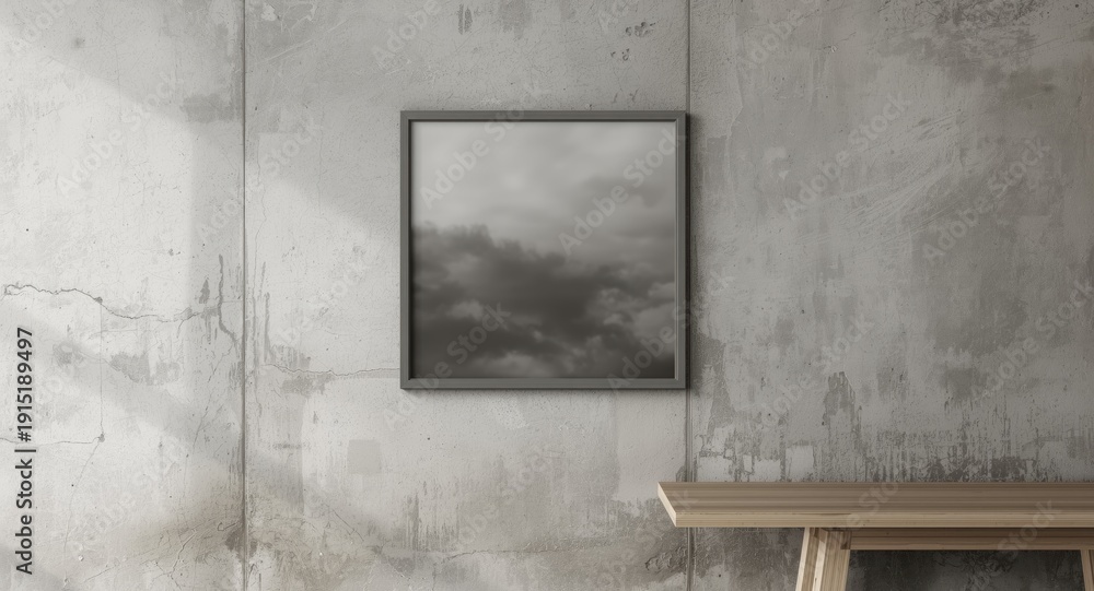 Fototapeta premium Monotone sky image in grey rectangle frame mounted on rough concrete wall adjacent to table