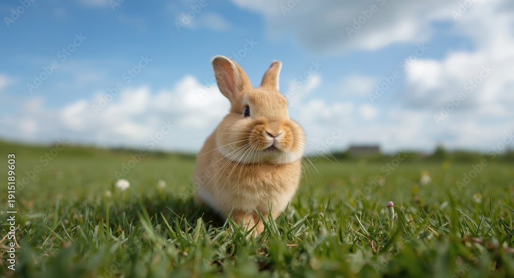 Fototapeta premium A joyful pet rabbit playing on a lush green grass lawn with a full length summer view