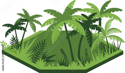 Isometric tropical island with palm trees, lush jungle vegetation, exotic nature landscape illustration background concept design graphic