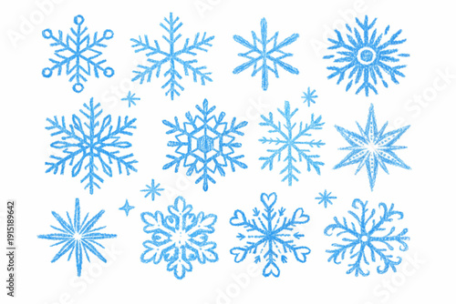 Hand drawn winter snowflakes set. Vector sketch illustration in vintage crayon charcoal style. Unique snow flakes patterns for holidays, Christmas, New Year
