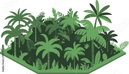 Isometric tropical jungle forest with palm trees, lush foliage, dense rainforest vegetation, nature landscape illustration background concept design