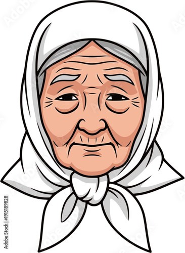 Portrait of an elderly woman wearing a white headscarf, vector illustration of a grandmother