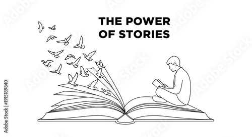 Boy Reading Book, Birds Flying Out of Pages, The Power of Stories Concept