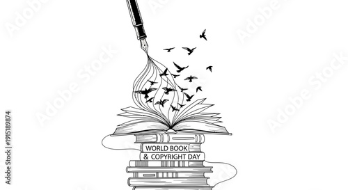 Creative Storytelling: Open Book with Birds Flying from Ink and Fountain Pen