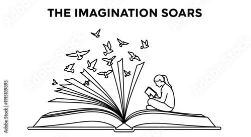 Girl Reading Book with Birds Flying Out of Pages, Imagination Concept