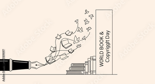 Fountain Pen, Books Flying Out, Birds, World Book Day, Copyright Concept