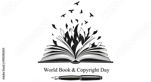 Open Book with Birds Flying Out, Fountain Pen, World Book & Copyright Day