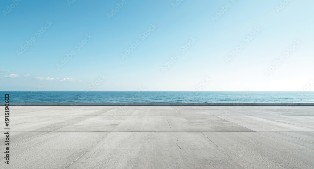 Fototapeta premium Still seaside location featuring an empty concrete area complemented by a wide open sky with copy space
