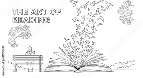 Open Book With Birds Flying Out, Person Reading on Bench