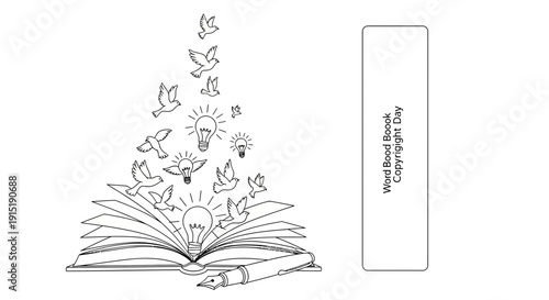 Open Book With Birds, Lightbulbs, and Pen - Symbolizing Ideas, Knowledge, and Freedom
