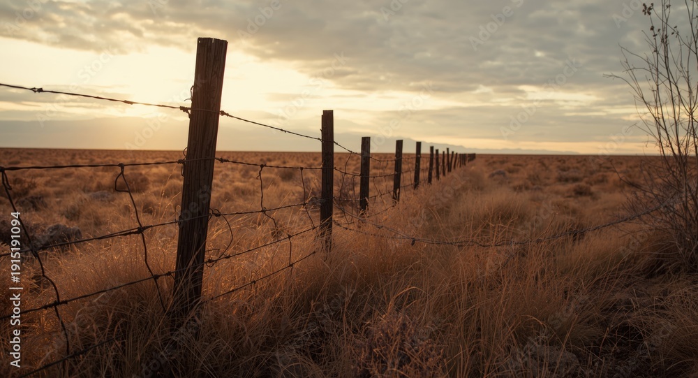 Obraz premium Broken fence post and endless distant dry lands in a grim future