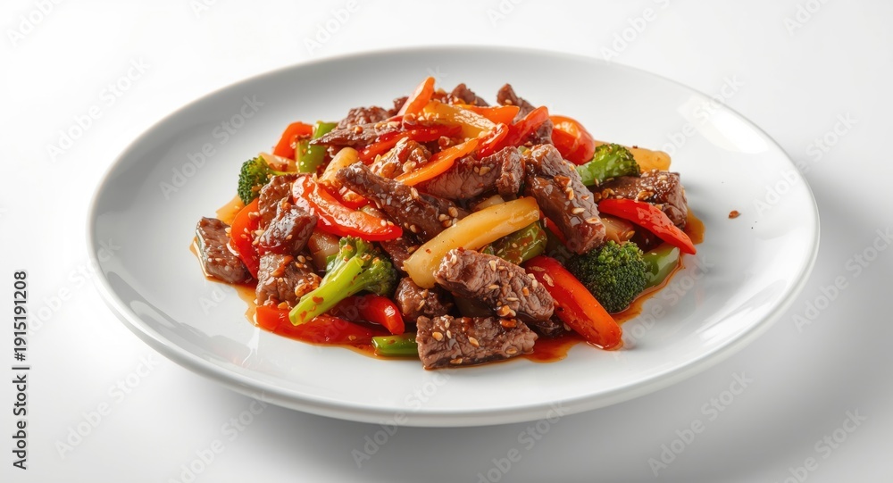 Fototapeta premium Sesame beef stir fry with mixed vegetables on a white background plate
