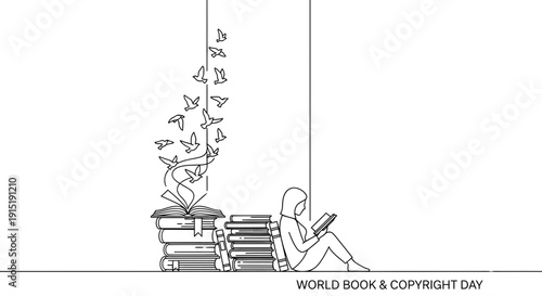 Person reading book, stack of books, birds flying out, World Book Day concept