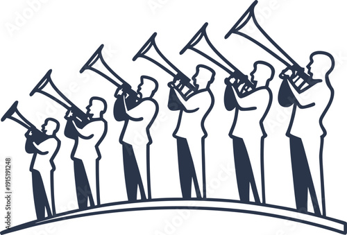 Men playing trumpets in silhouette style, musical band illustration with different sizes on curved ground