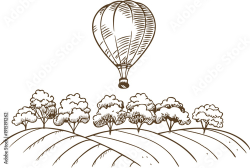 Hot air balloon flying over rolling hills with trees sketch drawing illustration