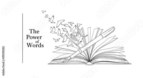 Power of Words: Open Book with Flying Birds and Pen Illustration