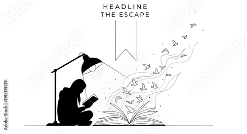 Woman reading book under lamp, imagination flying out as birds