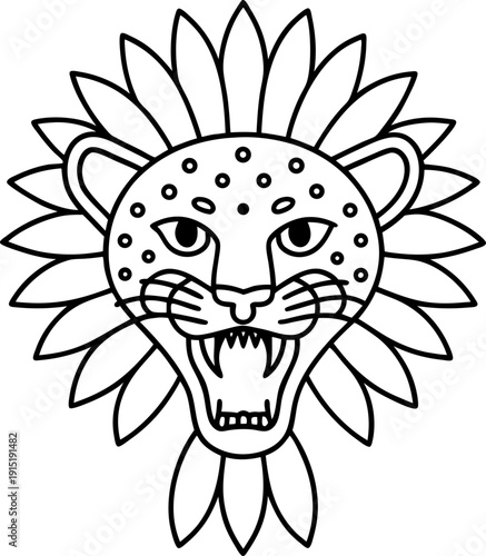Roaring leopard head with floral mane illustration, fierce wild animal face design