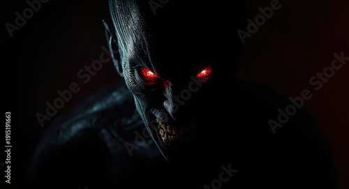 Shadowy demonic entity with shining red eyes conveying menace and dread with copy space