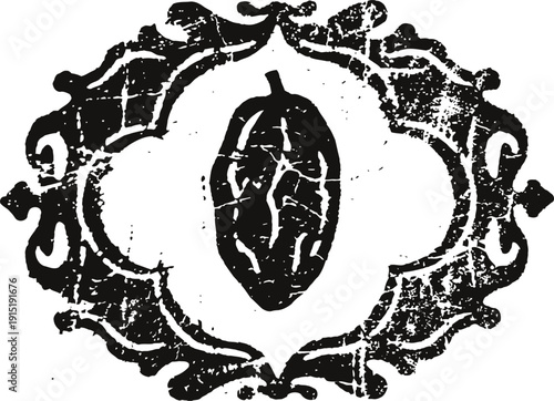 Vintage cacao pod emblem with ornate frame design in black distressed