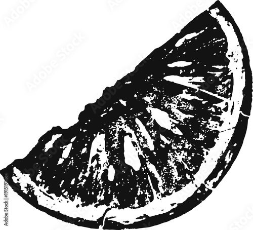 Black and white illustration of a citrus fruit slice with detailed texture and rind