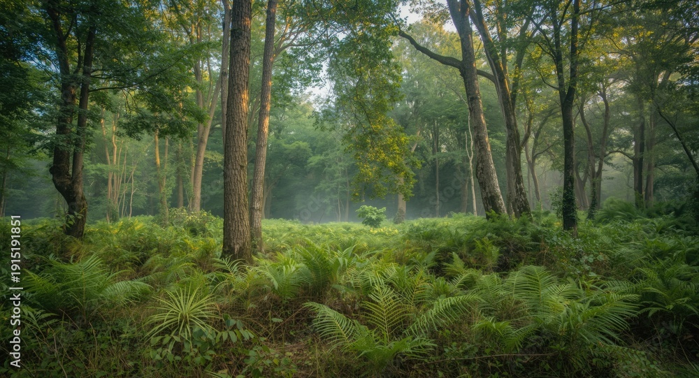 Fototapeta premium Green forest terrain with abundant tall trees and rich natural underbrush