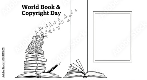 World Book Day Celebration: Books, Birds, Pen, and Copyright Symbol