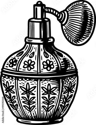 Vintage perfume bottle with hand pump atomizer, floral engraved glass design