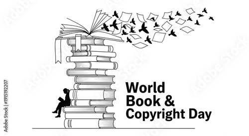 World Book Day: Reading Person on Stack of Books, Flying Pages as Birds