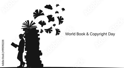 World Book Day Silhouette: Woman Reading by Stack of Books