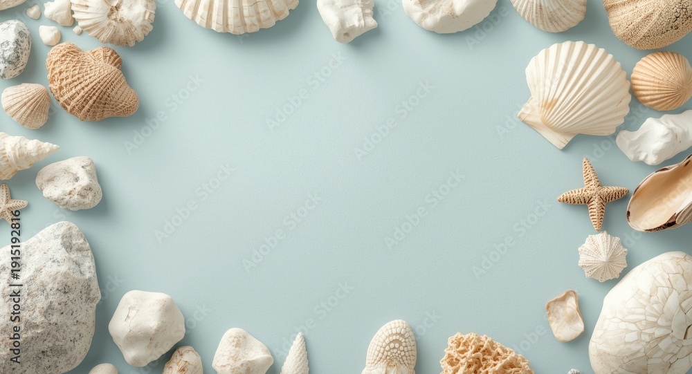 Obraz premium Smooth pastel toned background featuring natural beach textures of shells and white stones with copy space