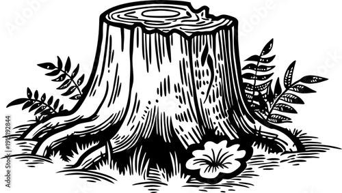 Tree stump with grass, fern leaves, and flower detailed black and white illustration