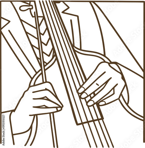 Line drawing of a musician playing double bass with bow and fingers close up