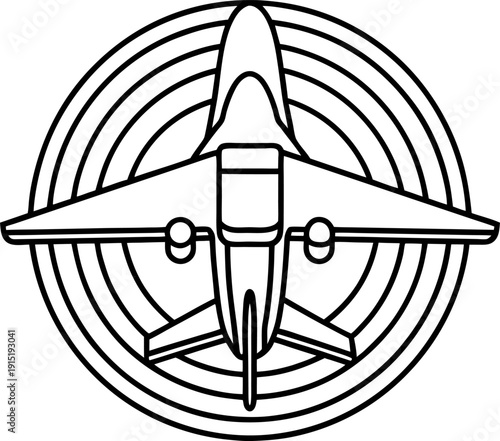 jet airplane top view with concentric circle target aircraft icon and aviation concept