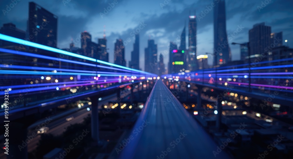 Obraz premium High tech city with continuous luminous bands symbolizing growth and future