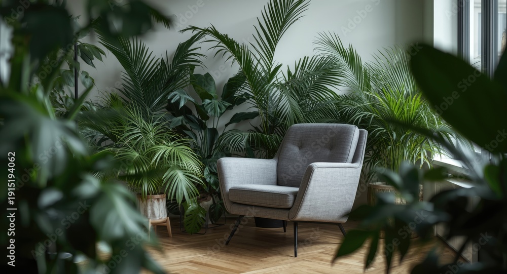 Fototapeta premium Trendy urban apartment decorated with a grey armchair and diverse indoor palm and monstera plants