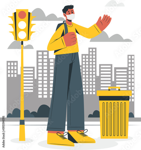 Cartoon city worker directing traffic with yellow reflective vest and gloves