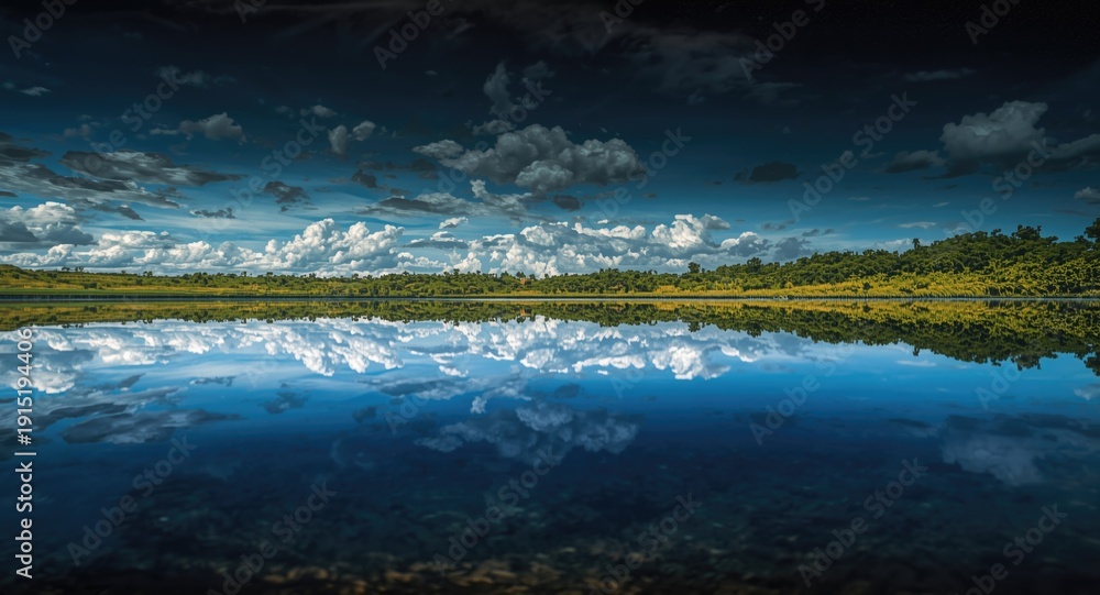 Fototapeta premium Still water of lagoon mirroring the vivid and beautiful sky above