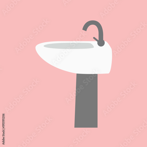 White Pedestal Sink with Faucet Flat Design Vector Illustration - Bathroom Wash Basin Graphic