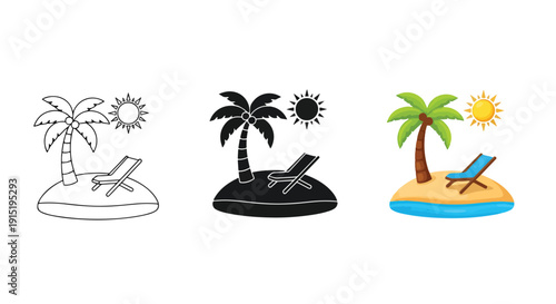 Tropical beach relaxation flat design vector illustration - Clipart. Icon vector -  Icon collection - icon set - Line and glyph icon and logo template - Editable Icon