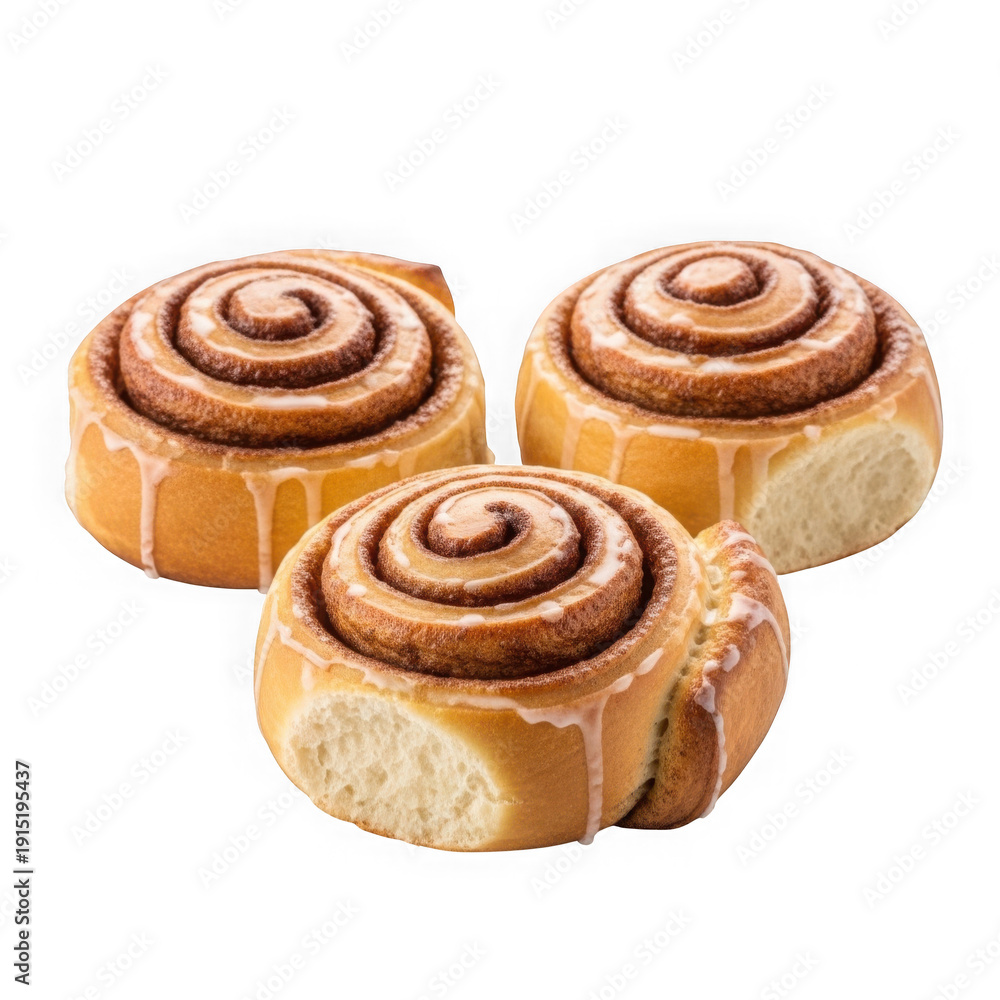 Fototapeta premium Three freshly baked cinnamon swirl pastries on a transparent surface.