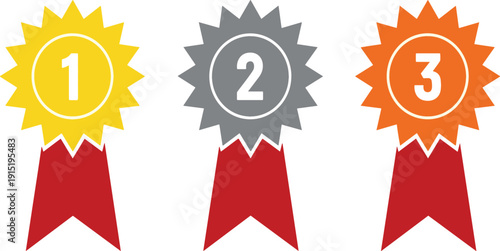 Award ribbon badges set with first second third place medals for ranking, achievement, competition and winner concept vector illustration