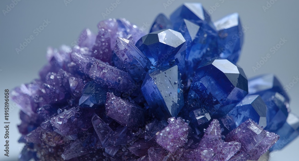 Fototapeta premium Close up focus on uncut blue and purple mineral crystals with natural facets resembling precious tanzanite stones